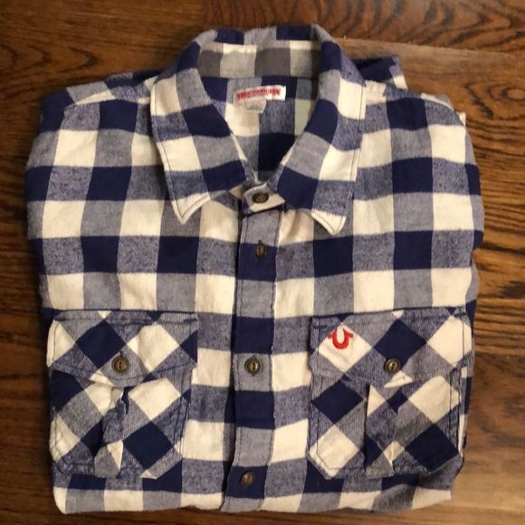 TRUE RELIGION Fleece Long Sleeve Navy White Plaid Western Button Down Shirt XL - Picture 1 of 12